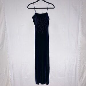 Vintage 90s/Y2K Emblem Navy Blue Velour Spaghetti Strap Formal Maxi Dress M